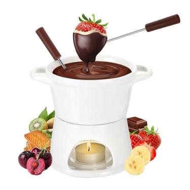 Imagem de Conjunto de aquecedor de manteiga de cerâmica com 2 garfos, conjunto de panela de fondue branco, pote de derretimento de porcelana leve de chá premium para queijo, chocolate e caramelo