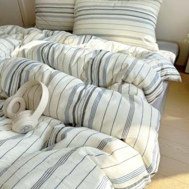 Imagem de EAVD Conjunto de edredom retrô listrado azul e cinza, solteiro, GG, algodão macio, 3 peças, vintage, com 2 fronhas, boêmio, listras verticais, geométrico, para todas as estações, respirável, leve
