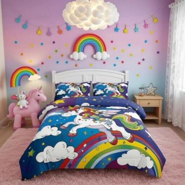 Imagem de Helloosuu Conjunto de edredom de unicórnio - 5 peças, tema de unicórnio arco-íris, cama em uma bolsa com lençol de cima e elástico, fronha