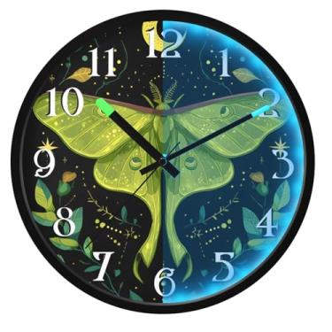 Imagem de ALAZA Relógio boêmio místico verde lua mariposa relógios de parede que brilham no escuro operado por bateria relógio de parede silencioso 30,5 cm sem tique-taque relógio de luz noturna para quarto