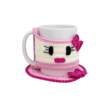 Imagem de Conjunto de caneca de crochê feita à mão, aconchegante e porta-copos com design de gato rosa com laço, serve para canecas padrão de 325 ml, presente para amantes de café e chá