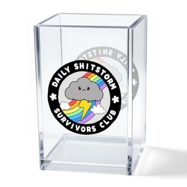 Imagem de Vgrti Copo de acrílico para lápis Daily Sh!tstorm Survivors Club, organizador de mesa de nuvem de arco-íris engraçado para decoração de escritório em casa, presente de trabalho sarcástico para