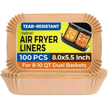 Imagem de Vailnd Forros de fritadeira Air Fryer descartáveis para cesta dupla, 100 peças 20 x 13 cm, forro de papel retangular para Ninja DZ201 DZ401, Chefman/COSORI 2 cestos, papel pergaminho à prova de óleo