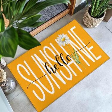 Imagem de Noulmea Tapete de porta de primavera 76 cm x 43 cm - Hello Sunshine & Watercolor Daisy Print em fundo laranja ensolarado tapete de primavera tapete de borracha antiderrapante para entrada interna e