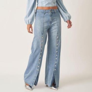 Imagem de Calça Jeans Wide Cintura Alta Sem Costura Lateral Recortes E Botões-Feminino