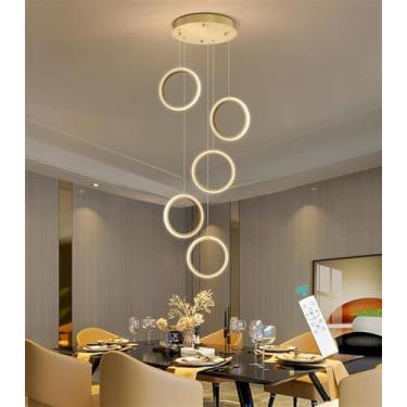 Imagem de Luminária pendente LED moderna com anel longo para escada, ideal para sala de estar, lustre de alumínio com regulagem de intensidade, estilo Xuanguan, perfeita para sala de jantar, quarto, e