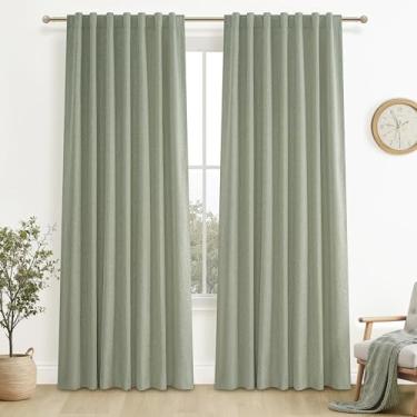 Imagem de Cortinas de linho blecaute verde sálvia 300 cm extra longas para sala de estar quarto, cortina plissada de janela grande com ganchos de pino cinto boho cortinas verdes claras com isolamento térmico