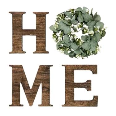 Imagem de Fancyes Placa decorativa de madeira com letras e guirlanda artificial de eucalipto para pendurar na parede, ideal para decoração de entradas e festas, Marrom