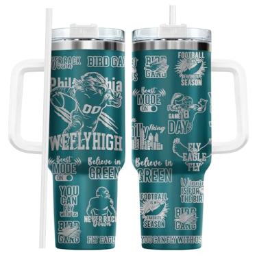 Imagem de fat mummy Copo isolado para fã de pássaro de futebol 1,134 g com alça e canudo, copo de viagem de aço inoxidável, estilo gravado a laser, presente de dia de jogo de futebol, dia dos pais