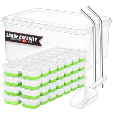 Imagem de 56 bandejas para cubos de gelo com tampa e caixa – 4 bandejas empilháveis de silicone para freezer, balde de gelo grande com colher e 2 canudos SS – Máquina de gelo de liberação fácil para coquetéis