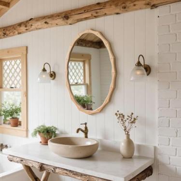 Imagem de sawsile Espelho oval rústico de madeira de 50 x 76 cm, espelhos ovais decorativos de fazenda, espelhos de bambu para quarto, banheiro, sala de estar ou entrada