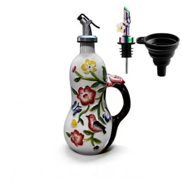 Imagem de Dispensador de garrafa de azeite de oliva de cerâmica de relevo pintado à mão, com alça decorativa de azeite de oliva, garrafa de vinagre de óleo de cerâmica de cozinha, garrafa de tempero com bico e