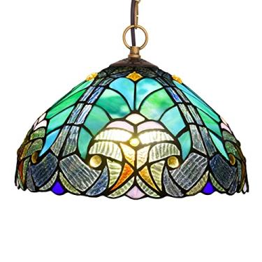 Imagem de Lustre estilo Tiffany de 30 cm, luminária pendente vintage em vitral verde, altura ajustável, lâmpada de teto LED E27 para decoração de sala de estar, quarto e sala de jantar.