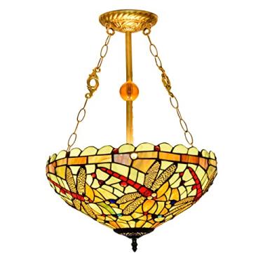 Imagem de Lustre de teto semi-piso Tiffany Dragonfly de 16 polegadas, lustre vintage de vitral verde, luminária pendente de estilo vitoriano para sala de estar, quarto, sala de jantar e cozinha [Class
