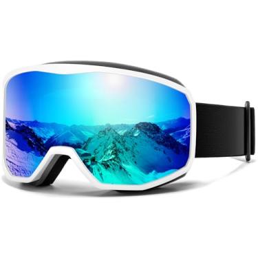 Imagem de SUNGAIT Óculos de esqui e snowboard para homens e mulheres anti-nevoeiro 100% proteção UV OTG esqui patinação (armação branca fosca lente espelhada azul VLT 15%)