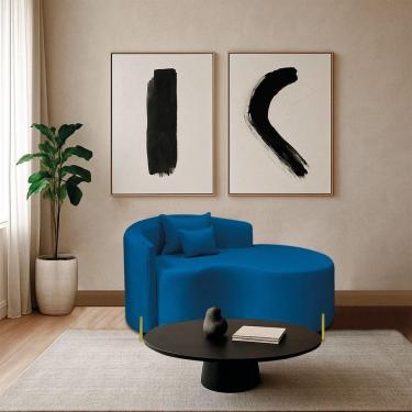 Imagem de Divã Recamier Curvo Sala De Estar Recepção Inglaterra 200cm Pés Metal Dourado Lado Direito Linho Azul Royal