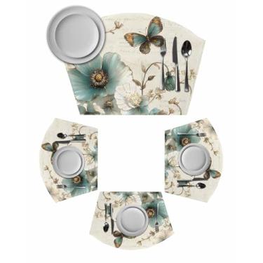 Imagem de Jogo americano redondo de flores turquesa, conjunto de 4, jogo americano vintage de fazenda borboleta para mesa de jantar redonda em forma de cunha para ambientes externos internos e limpos