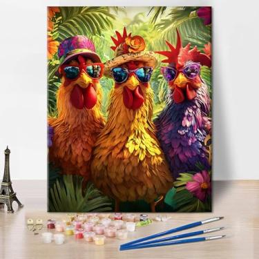 Imagem de Kit DIY de pintura de galinhas por números para adultos em tela, galinhas estão usando óculos de sol e chapéus, kit de pintura a óleo para adultos iniciantes, tinta acrílica de animais da floresta por