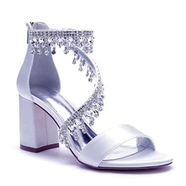 Imagem de Hyinlays Sandálias femininas de salto alto de cristal com salto alto e tira no tornozelo, sapatos de casamento, formatura e noite, Branco, 37