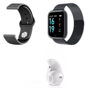 Imagem de Kit 1 Smartwatch P70 Preto Android Ios + 1 Pulseira Extra + 1 Mini Fone Bt Branco - Smart Bracelet