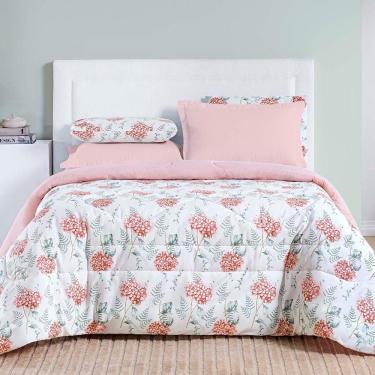 Imagem de Edredom Cobertor Casa Scarpa Maris Super King Percalle 200 Fios Estampado Floral Hortênsia Salmão