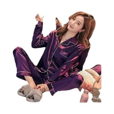 Imagem de Conjunto De Pijamas De Seda Gelada plus Size 5XL, Manga Longa, Cor Sól