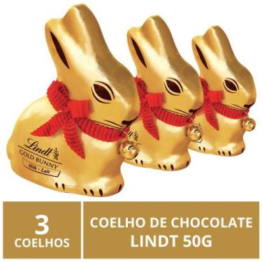 Imagem de 3 Coelhos de Chocolate, Lindt Gold Bunny, Páscoa, 50g