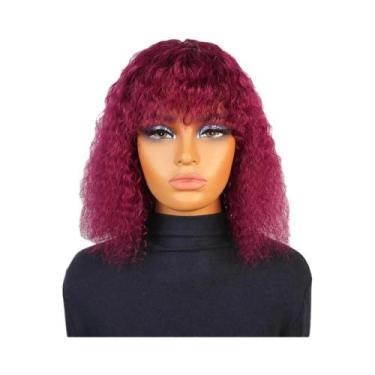 Imagem de Peruca De Cabelo Humano Crespo Cacheado Preto Borgonha Com Franja, Bob