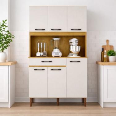 Imagem de Armário De Cozinha Valença Multiuso 6 Portas Mobilihouse Cinamomo/off White Acetinado