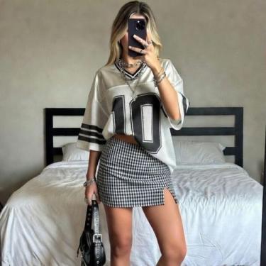 Imagem de Saia Branca e Preta Quadrados Jacquard Estampa Xadrez Cor:PretoTamanho