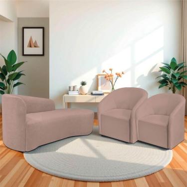 Imagem de Kit Sofá Curvo França 140cm Ld. E 2 Poltronas Luiza Max Conforto, Elegância E Design Moderno Linho Rosê