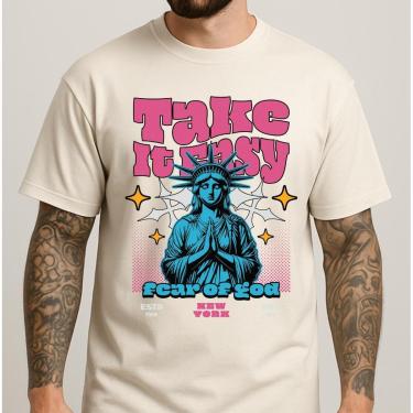 Imagem de Camiseta Masculina Algodão Penteado Estampa Retrô Alta Definição Manga Curta Gola Redonda Casual-Masculino