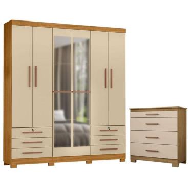 Imagem de Cômoda 4 Gavetas New e Guarda Roupa Casal Londres com Espelho Carvalho Americano Off White - Incorplac