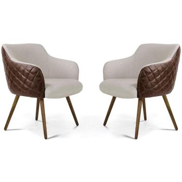 Imagem de Kit 02 Poltronas Jade Tressê Pés Palito Corano Rústico Marrom/linho Cru - Nexta Casa