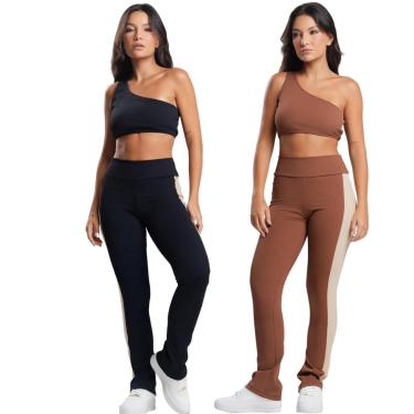 Imagem de KIT 2 Conjunto Fitness Top e Calça Canelado Serra e Mar Poliamida Assimétrico Fitness M...
