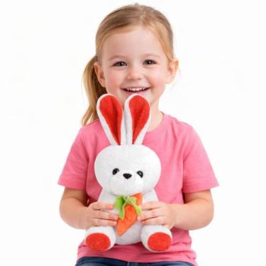 Imagem de Coelho de Pelúcia com Cenoura 30cm Presente Páscoa Decoração Infantil 