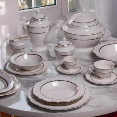 Imagem de Aparelho De Jantar Jogo Pratos Chá 50 Peças Porcelana Completo Borda D