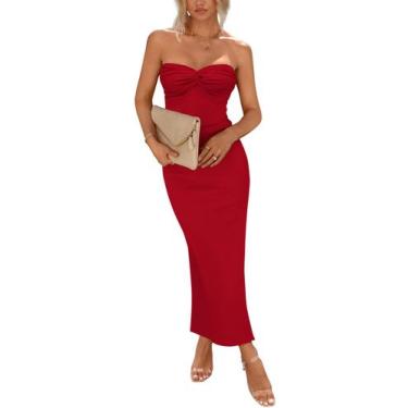 Imagem de Vestido PRETTYGARDEN Tubo com Nó Torcido, sem alça, Bodycon, Maxi Verm