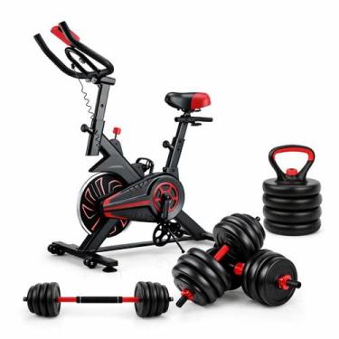 Imagem de Bike Spinning 6kg e Kit Musculação 6 em 1 Ajustável 15kg Ahead Sports