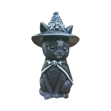 Imagem de Escultura De Gato Bruxo Mágico Preto, Estatueta Decorativa De Hallowee