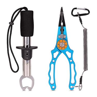 Imagem de Alicate de pesca Peixe Lip Gripper Conjunto de ferramentas de pesca com mosca Equipamento de pesca no gelo para anel dividido, removedor de ganchos, ferramenta de crimpagem e cortador de linha para homens, azul, 3 peças