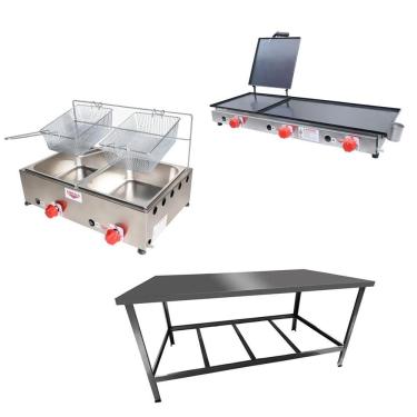 Imagem de Kit Lanchonete Mesa de Manipulação 120x55cm + Fritadeira a Gás 2 Cuba + Chapa a Gás 90cm Alcamar
