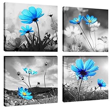 Imagem de 4 peças flor azul decoração de parede moderna natureza morta tela arte de parede para casa banheiro sala de estar decoração de parede (40x40cm)