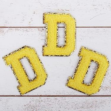 Imagem de Pacote com 3 adesivos de Chenille Iron On Glitter Varsity Letter 5 cm de altura "D" - Tecido de chenille amarelo com acabamento em glitter dourado - Costurar ou passar a ferro - 5 cm YEL D