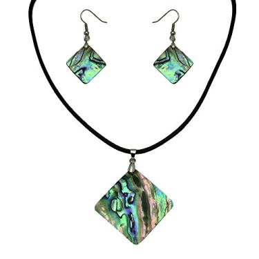 Imagem de Falari Colar de concha verde Abalone conjunto de brincos de couro preto, Couro