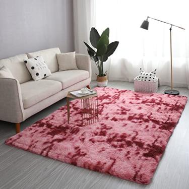 Imagem de Tapete de área felpudo de luxo, tapetes felpudos retangulares tingidos com os pés, tapetes peludos felpudos antiderrapantes para quarto de crianças, vermelho escuro 79 x 98 polegadas