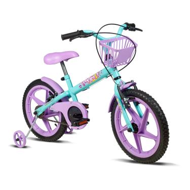 Imagem de Bicicleta Infantil Verden Fofys Verde Tiffany e Lilas - Aro 16 com cestinha e rodinhas
