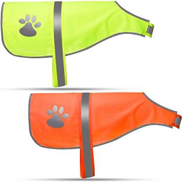 Imagem de Geyoga 2 peças colete reflexivo para cães ajustável colete de segurança para cães de estimação roupa de alta visibilidade para atividades ao ar livre caminhada caça (laranja, amarelo fluorescente, M)