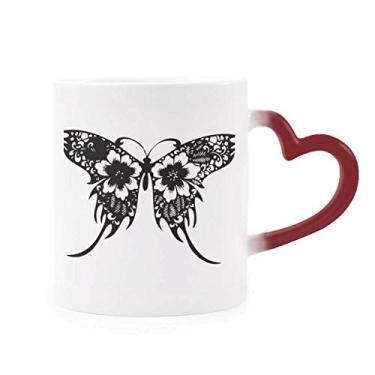 Imagem de Caneca de grés com borboleta de estilo chinês com asas florais sensível ao calor que muda de cor vermelha