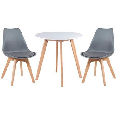 Imagem de Loft7, Kit Mesa redonda Leda 70 cm branco + 2 cadeiras estofadas Leda cinza escuro